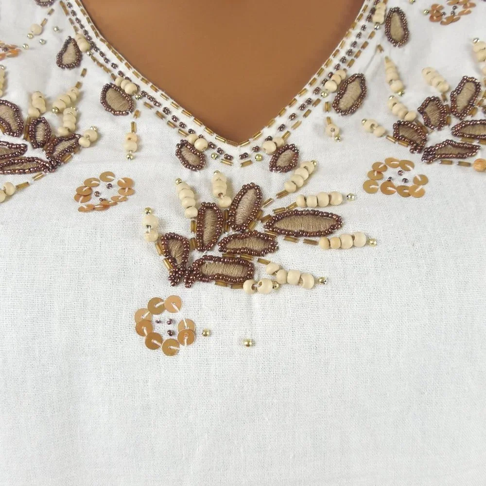 ANNE CARSON Top 2X Linen Blouse Ivory V-Neck Brown Embroidery Leaves Wood Beads - Picture 3 of 10